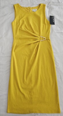 NWT EnFocus Dress Women's Size 4 Yellow Side Ruched Gold Buckle Textured Stretch