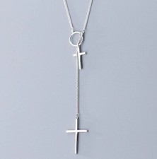 925 Silver Plated Double Cross Necklace Pendant Chain Crucifix + Bag Womens