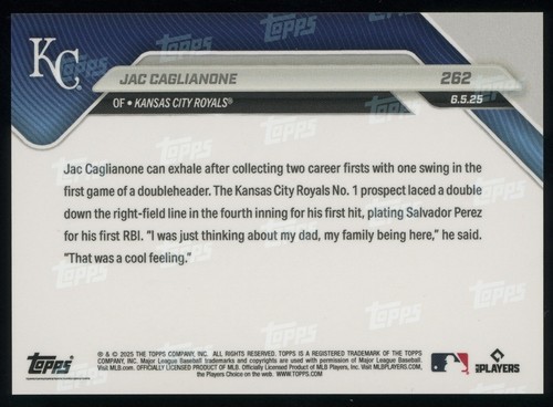 JAC CAGLIANONE 2025 Topps Now "Call Up" Rookie Card #262 - 1st Hit - Picture 2 of 2
