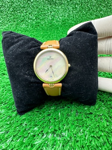 CLASSIC GOLDEN DELMA GENEVE ROUND WATCH SEASHELL DIAL SWISS MADE 80s RARE - Picture 11 of 14
