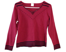 Emma James Women's Top Sz L Beaded Red Long Sleeve V Neck Geometric Patterns