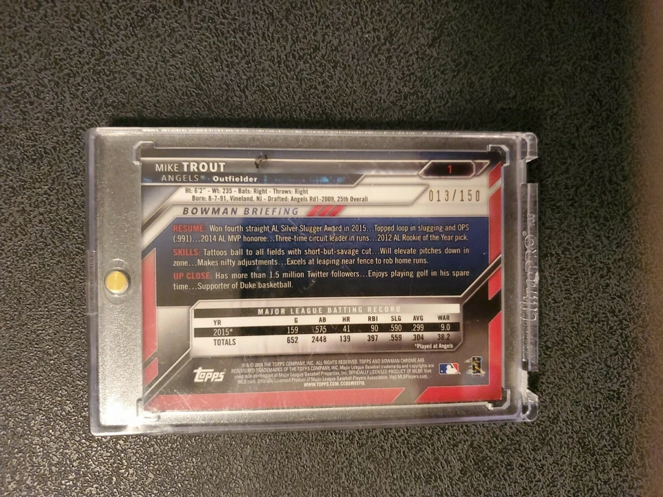 2016 Bowman Chrome Mike Trout Blue Refractor #'d/150 - Image 3 of 3