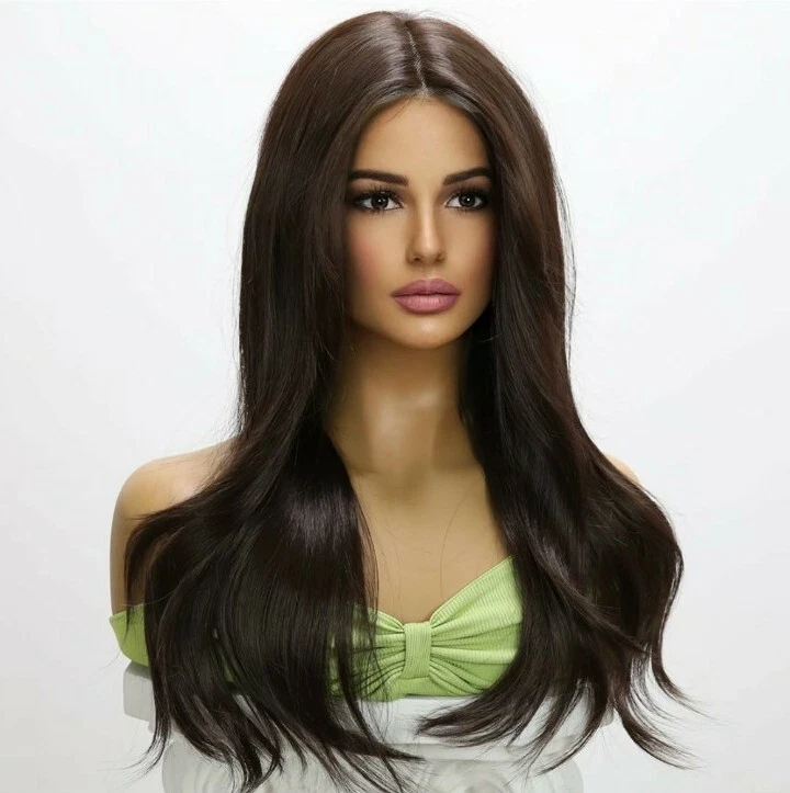 Peluca frontal de encaje HD marrón oscuro balayage capas largas mezcla de cabello humano ondas ombre Foto 2 de 4