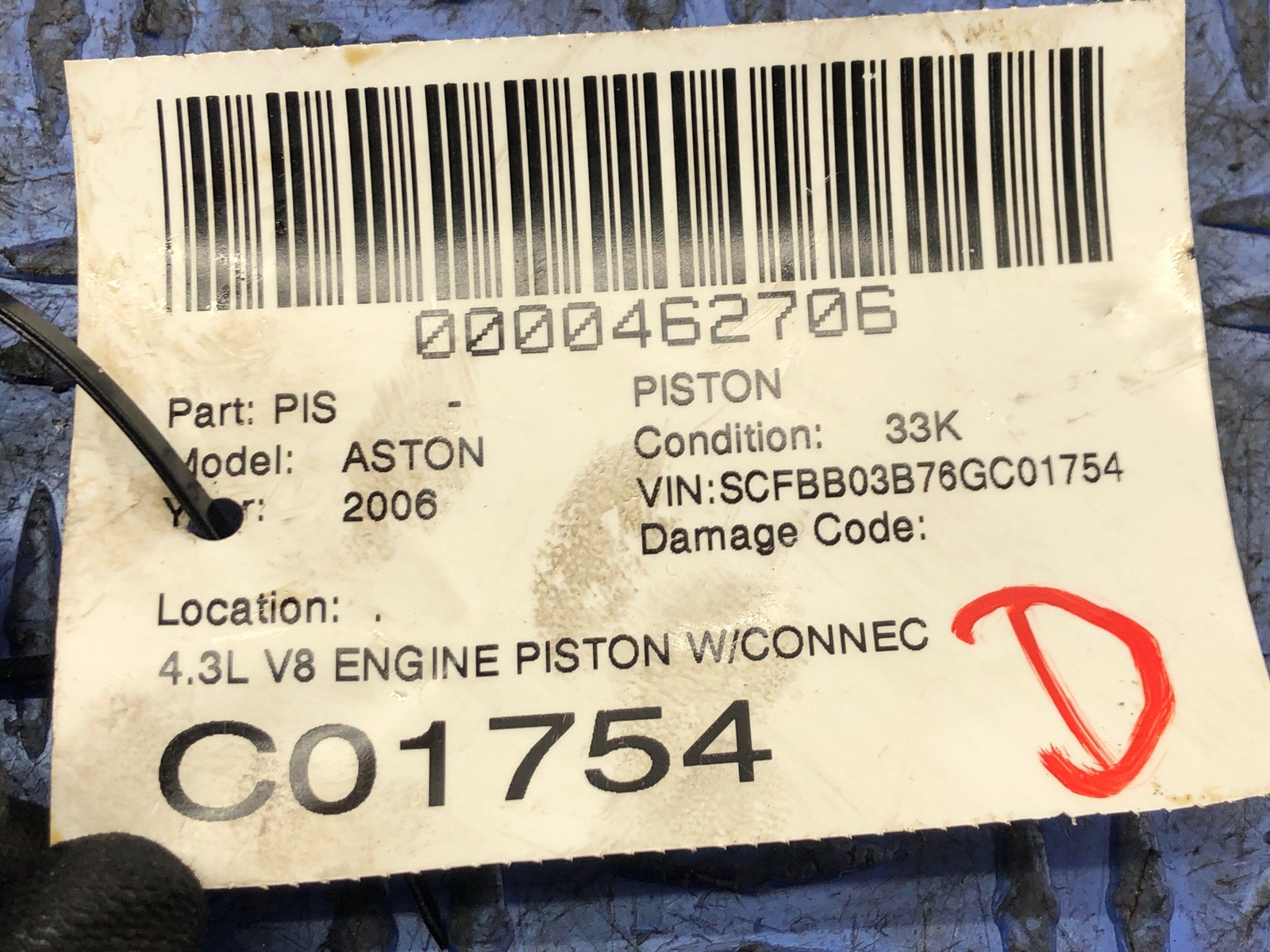 2006-2018 ASTON MARTIN VANTAGE V8 4.3L V8 ENGINE PISTON W/CONNECTION ROD OEM