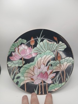 Vintage Famille Rose Noire Mille Fleur 10'' Plate Gold Gild 1950s China Trader