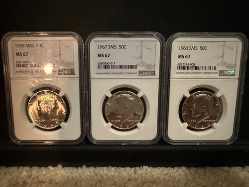 1965, 1966, & 1967 - SMS Kennedy Silver Half Dollars-NGC MS 67-Matching Slabs