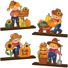 Best 4Pcs Fall Thanksgiving Scarecrow Decor Wooden Table Centerpiece Decorations