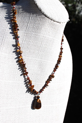 NATURAL BROWN CAT EYE TIGER EYE TUMBLED CHIP MINERAL STONE NECKLACE
