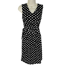 Talbots Womens Dress S Black White Polka Dot Sleeveless V Neck Stretch Tie