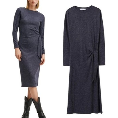 MANGO Fine Knit Long Sleeve Midi Dress Tied Bow Detail on Waist Women s Medium