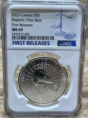 Canada 2025 S$5 Majestic Polar Bear NGC MS69First Releases Population 9 5K Mintg