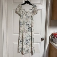 Monteau Cream Floral Puff Sleeve Midi Dress Sweetheart Keyhole Tie Cottagecore S