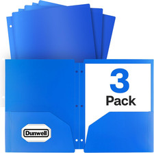 Plastic 2-Pocket Folders for 3-Ring Binders, 3 Pack, Blue 3 Hole Punched, Divi