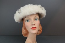 Vintage Plush Fuzzy Hat 1950s Evening Rhinestones and Pearls, Smartwear by Emma
