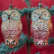2 GREAT ANTIQUE c. 1920s GERMAN MERCURY GLASS OWL CHRISTMAS ORNAMENTS
