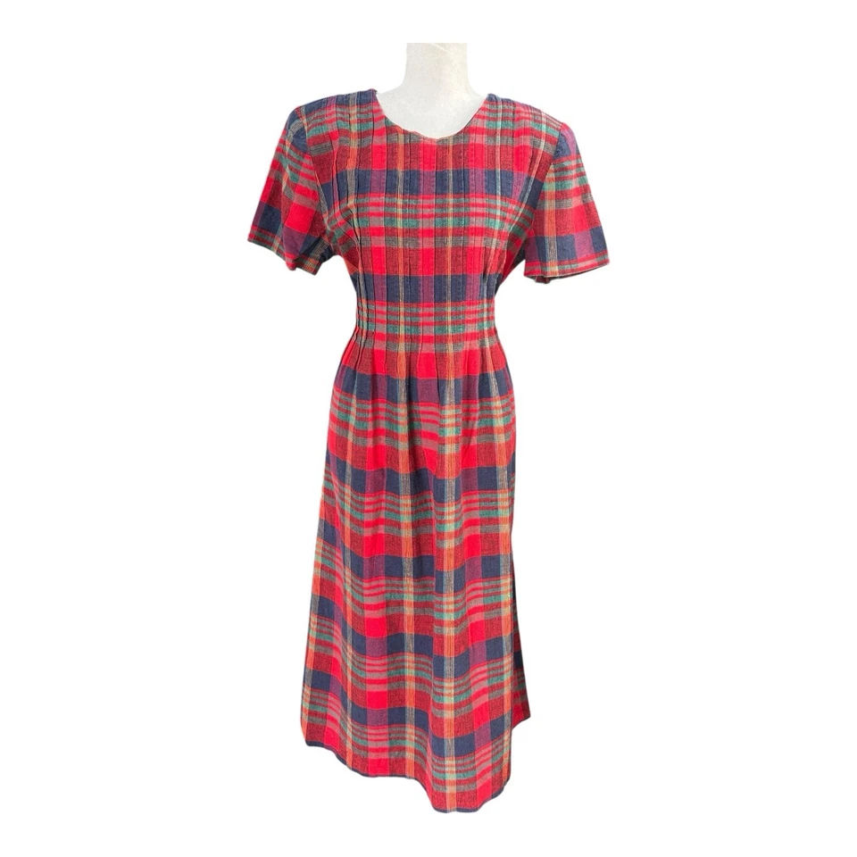 Vtg Miss Dorby Linen Blend Plaid Dress Sz 12 Red Tartan 80s Cottagecore Holiday - Image 3 of 4