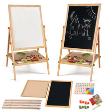 ADJUSTABLE CHILDREN KIDS 2 IN 1 BLACK / WHITE WOODEN EASEL CHALK DRAWING BOARD