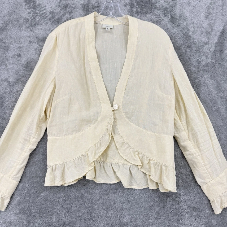 VTG J Jill Jacket Medium Linen Minimalist Ruffle Cottage Butter yellow Coquette - Image 4 of 4