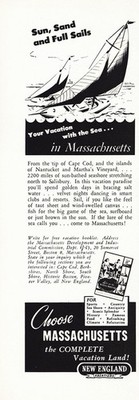 1947 Massachusetts: Sun Sand and Full Sails Vintage Print Ad