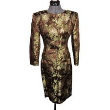 Vtg 70s 80s Brown Brocade Skirt Suit Metallic Floral XS S 2 4 Jacket Skirt Set