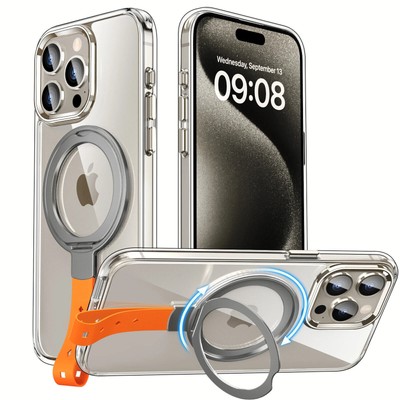 Transparent Hard PC MagSafe Case fr iPhone 15 16 Pro Max Metal Ring Holder Cover