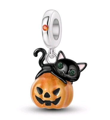   Glückliche schwarze Katze & Kürbis Halloween Charm Herz echt 925 Sterling Silber