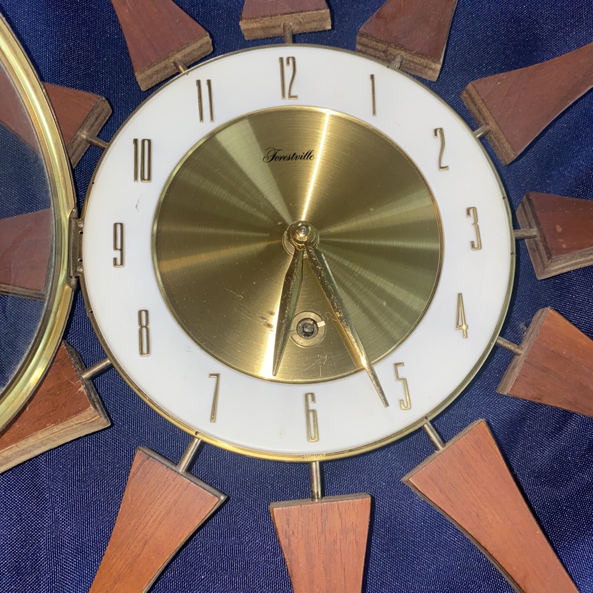 Vintage MCM Forestville Starburst Wall Clock Wood & Brass 20.5
