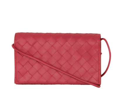 Auth Bottega Veneta Pink Intrecciato Woven Leather Wallet on Strap