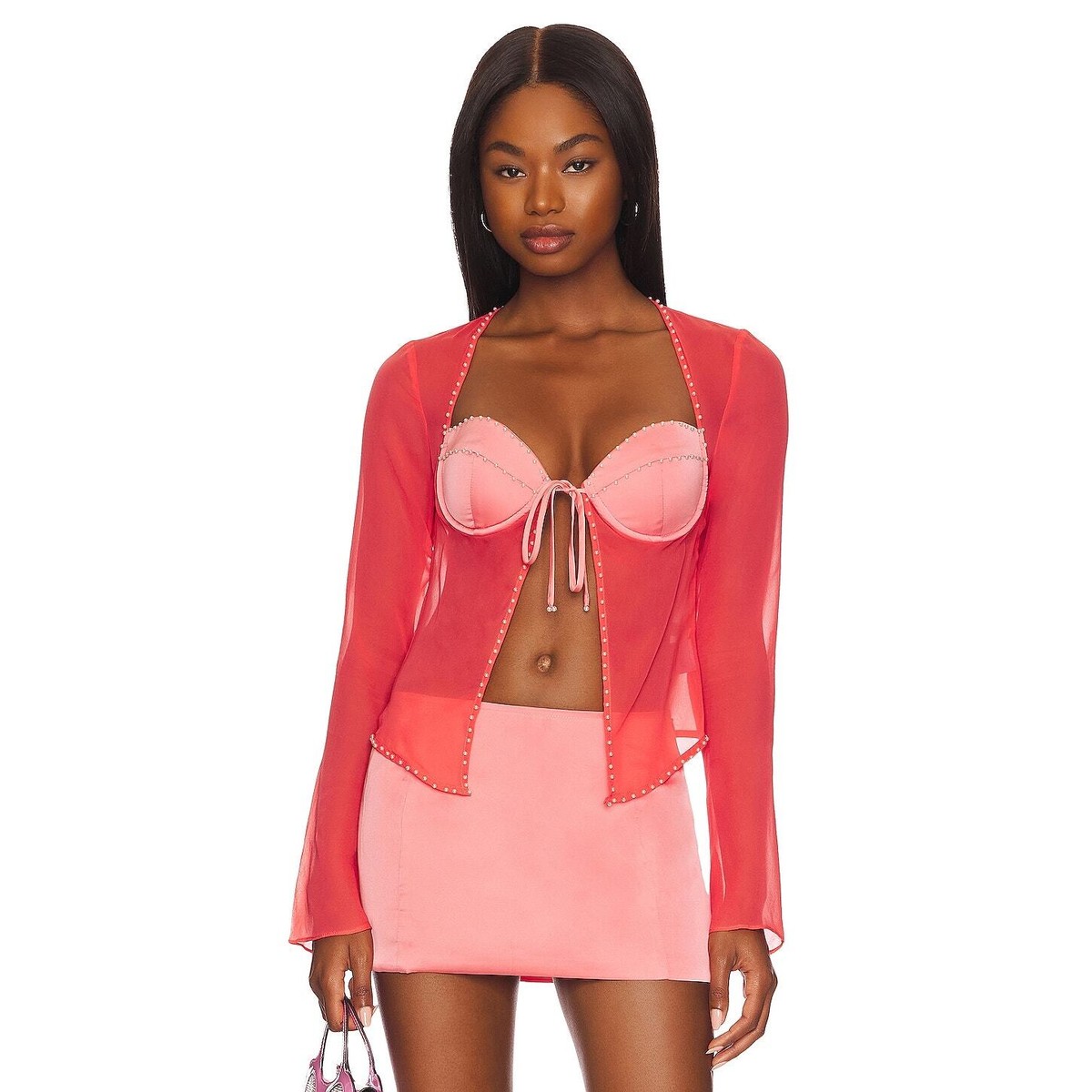 Danielle Guizio Scallop Bustier Faux Pearl Detail Long Sleeve Orange Size  Small | eBay