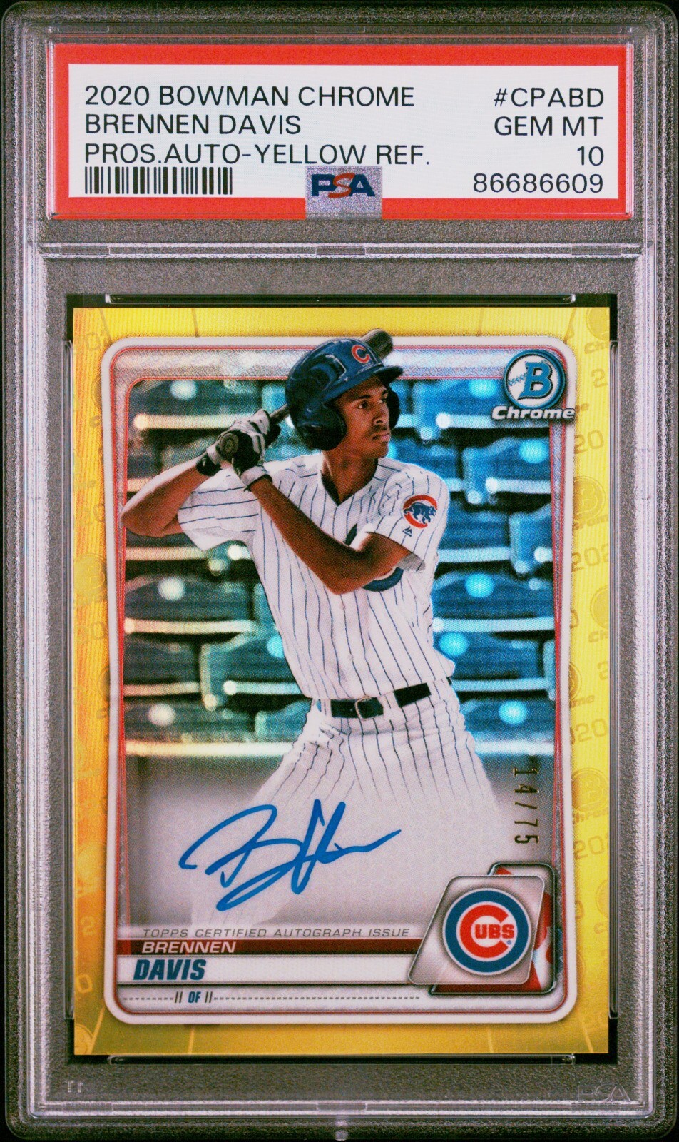 2020 Bowman Chrome BRENNEN DAVIS Yellow Refractor AUTO /75 PSA 10