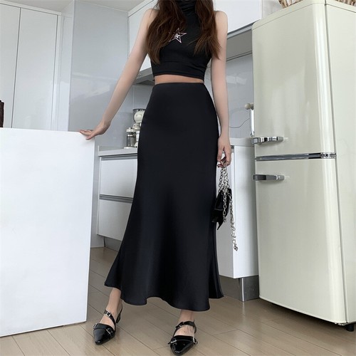 Women Elegant Satin Black Trumpet Skirt High Waist Slim Long Hip Skirt - Bild 15 von 44