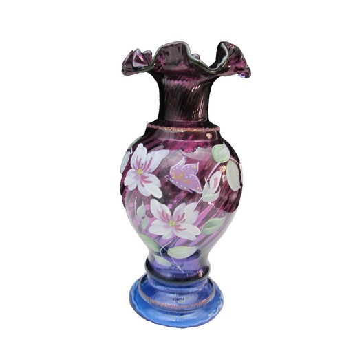 Vintage Fenton Glass Uranium Satin Custard Ruffle Vase 5.5” Signed