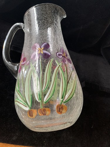 Vintage Tall Crakle Glass Pitcher Carafe Clear Hand Painted Art Glass - Picture 8 of 10