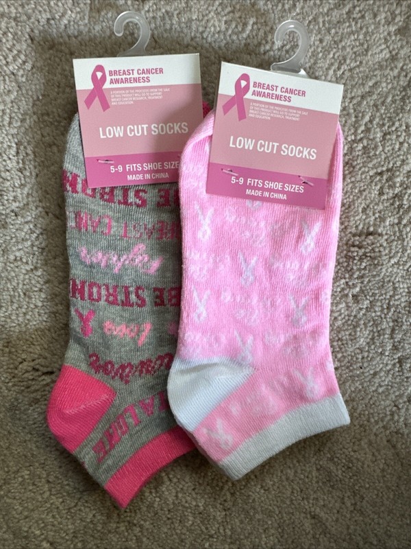 Set Of 2 - Low Cut Socks Breast Cancer Awareness Pink Ribbon White Pink  5-9 NWT