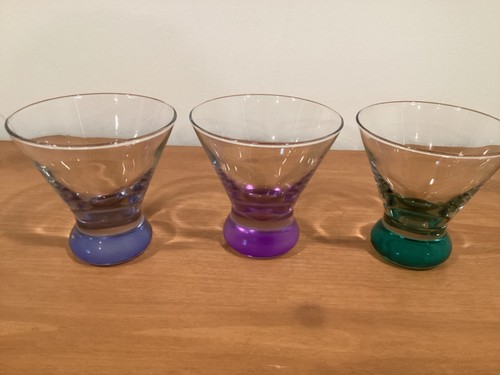 3 Martini, Shrimp Cocktail , Blue, Purple, Green Bottom Stemless Glasses .