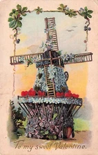 Valentines Card Windmill Whimsical Neenah WI Wisconsin Asmus Vtg Postcard D53
