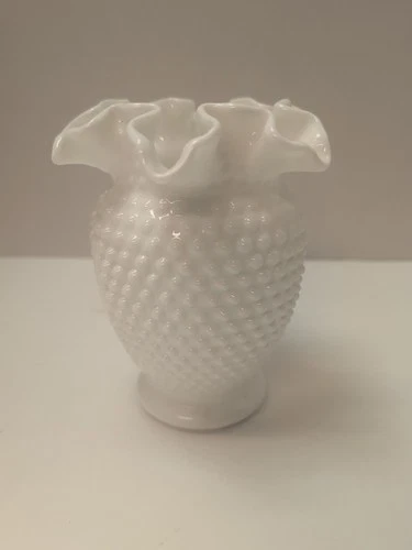 Vintage Fenton Hobnail Milk Glass Ruffled Crimped Edge 6" Vase