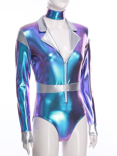 Women Jumpsuit Shiny Activewear Adult Bodysuit Halloween Outfits Long Sleeve - Picture 14 of 48