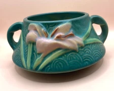 Roseville Pottery Zephyr Lily Short Vase Teal Pink Yellow #7-S Art Deco Cottage