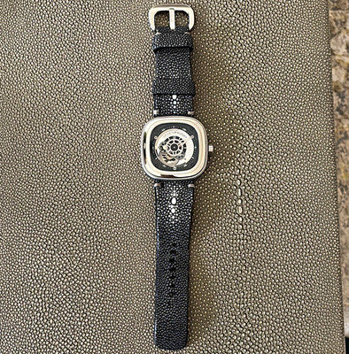 SEVENFRIDAY Industrial Series Automatic 30m Cushion SS Watch Black Leather 24H