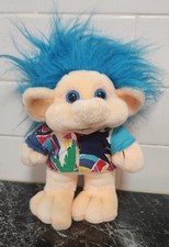Vintage Trolls Plush Doll 1992 Trolio Troll Blue Hair Multi-Coloured Shirt 10”