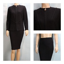 St. John Collection Knits Black Jacket Skirt L Size 10 12 2pc Suit Gold Zipped