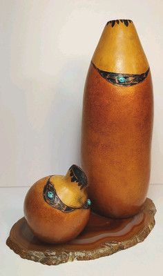 Southwest Art Two Carved Pyro Engraved, Painted, Hard Gourds on Agate Slice N.A.