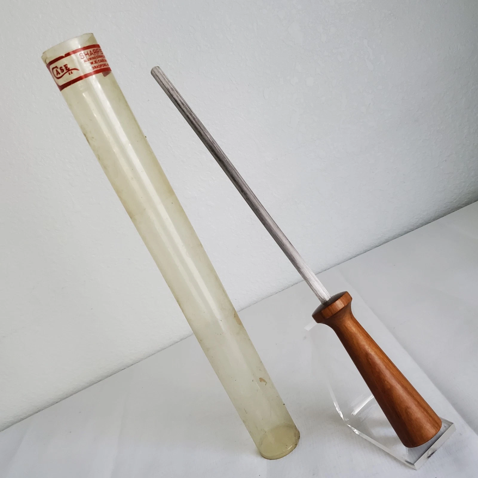 Vintage W.R. Case & Sons Ceramic Sharp Stick Knife Sharpener Wood Handle & Tube