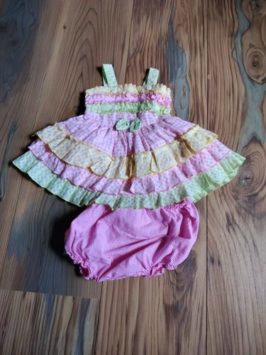 Vintage Dress Pink Yellow  Green Gingham  green Ruffle Dress 9 mo. ?  - Picture 3 of 9