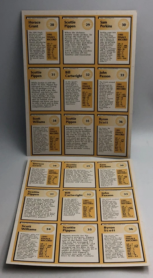 (2)x Hojas de tarjetas sin cortar Chicago Bulls vs LA Lakers 1991 Finales de la NBA Tuff Stuff Jr Foto 2 de 4