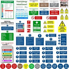 Kitchen Safety Signs & Allergens Poster 60pcs Self Adhesive Food Hygiene 30x10cm
