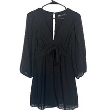 Zara Black Belted Short Romper Sheer Dotted Long Sleeves Keyhole Back Women Sm