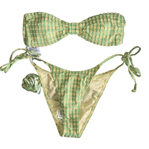Billabong NWOT Wave Check Betty Bandeau Bikini Top And Bottom Set Green/ Yellow - Picture 2 of 9