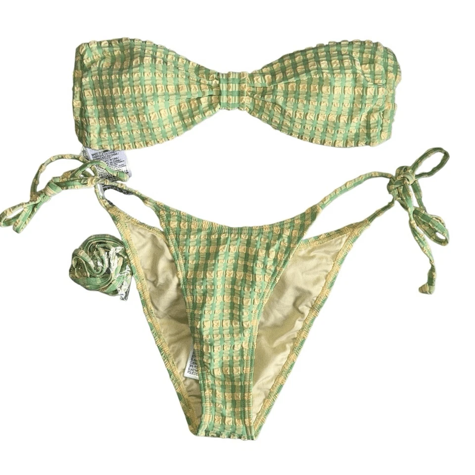 Bikini Billabong Nuevo sin Etiquetas Wave Check Betty Bandeau Conjunto Superior e Inferior Verde/Amarillo Foto 2 de 4